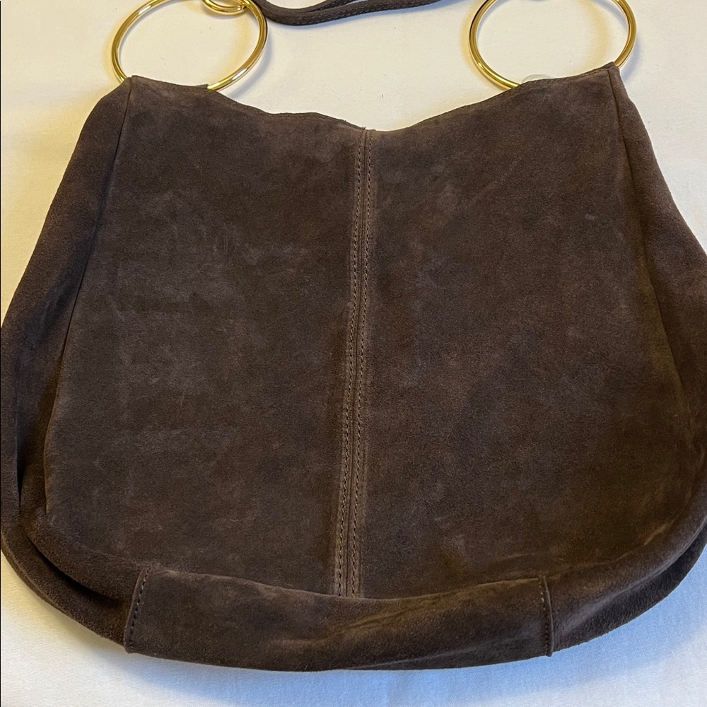 Claudia Firenze Suede Crossbody Slouchy Hobo Tote Bag Chocolate Brown Gold Ring - Picture 4 of 16